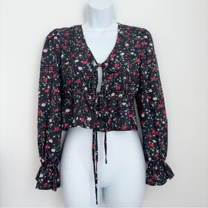 Front Tie Black Cropped Long Sleeve Floral Top Womens Size Medium